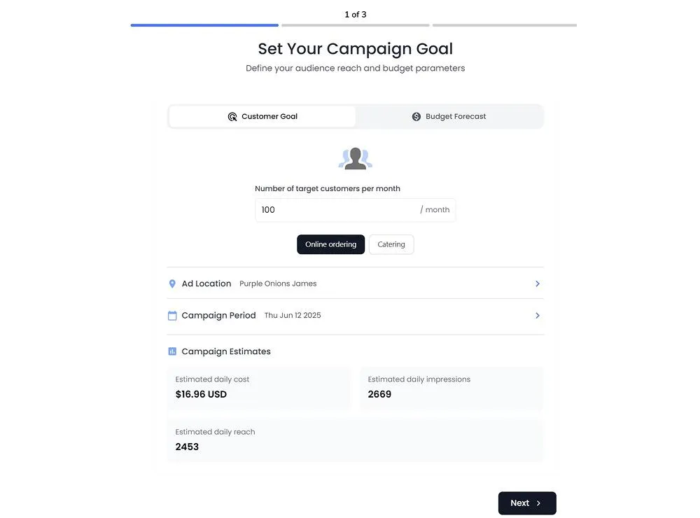 Screenshot of campaign goal setting screen