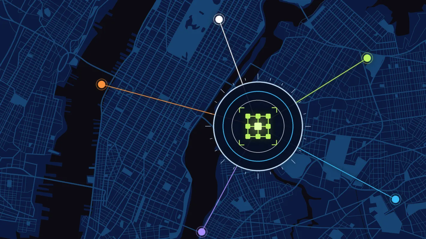 nCentiv solutions — hypertargeting command center broadcasting to brand-colored audience nodes across New York City